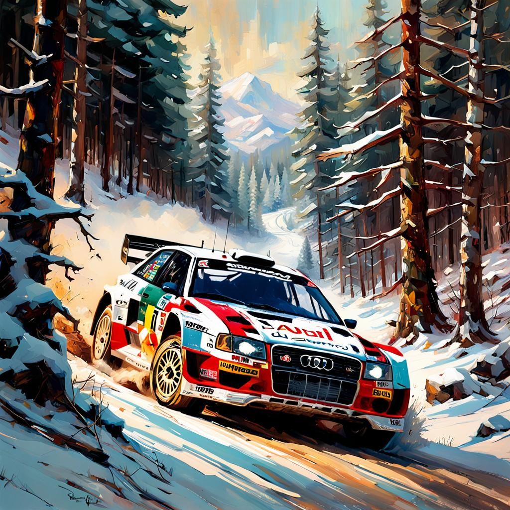 Winter Sports: Audi Quattro WRC rally car winding its way through a beautiful winter forest