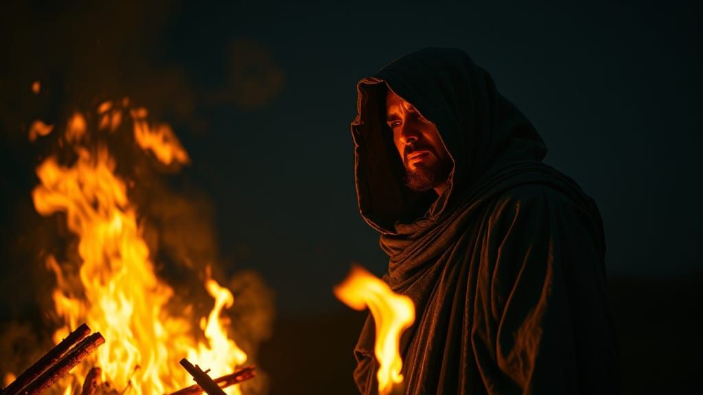 Mysterious Figure by Funeral Pyre in Ominous Light