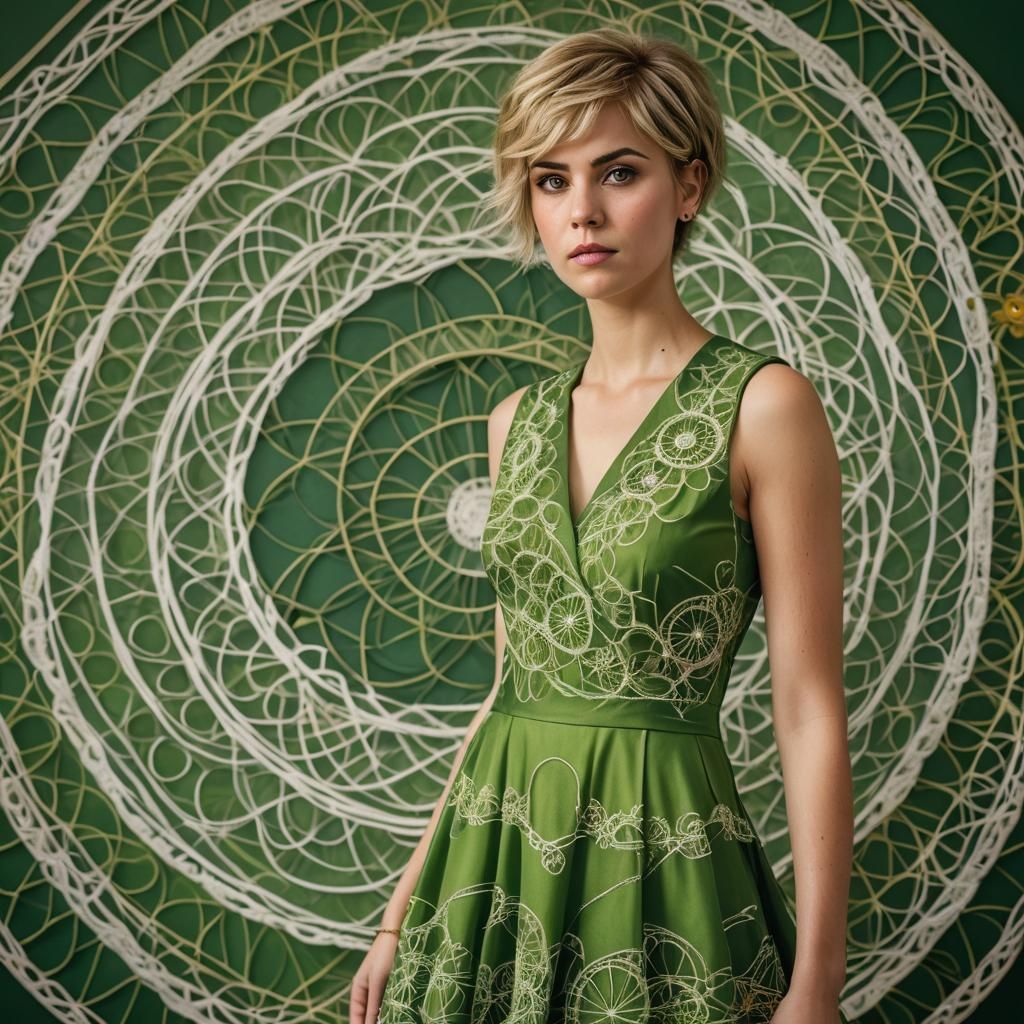 Woman in Green Dress in Ballroom, Hyperrealistic