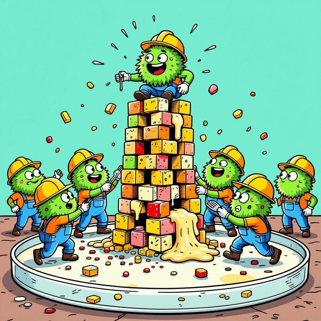 Fuzzy Microbes Build Tower in Graphic Novel Style