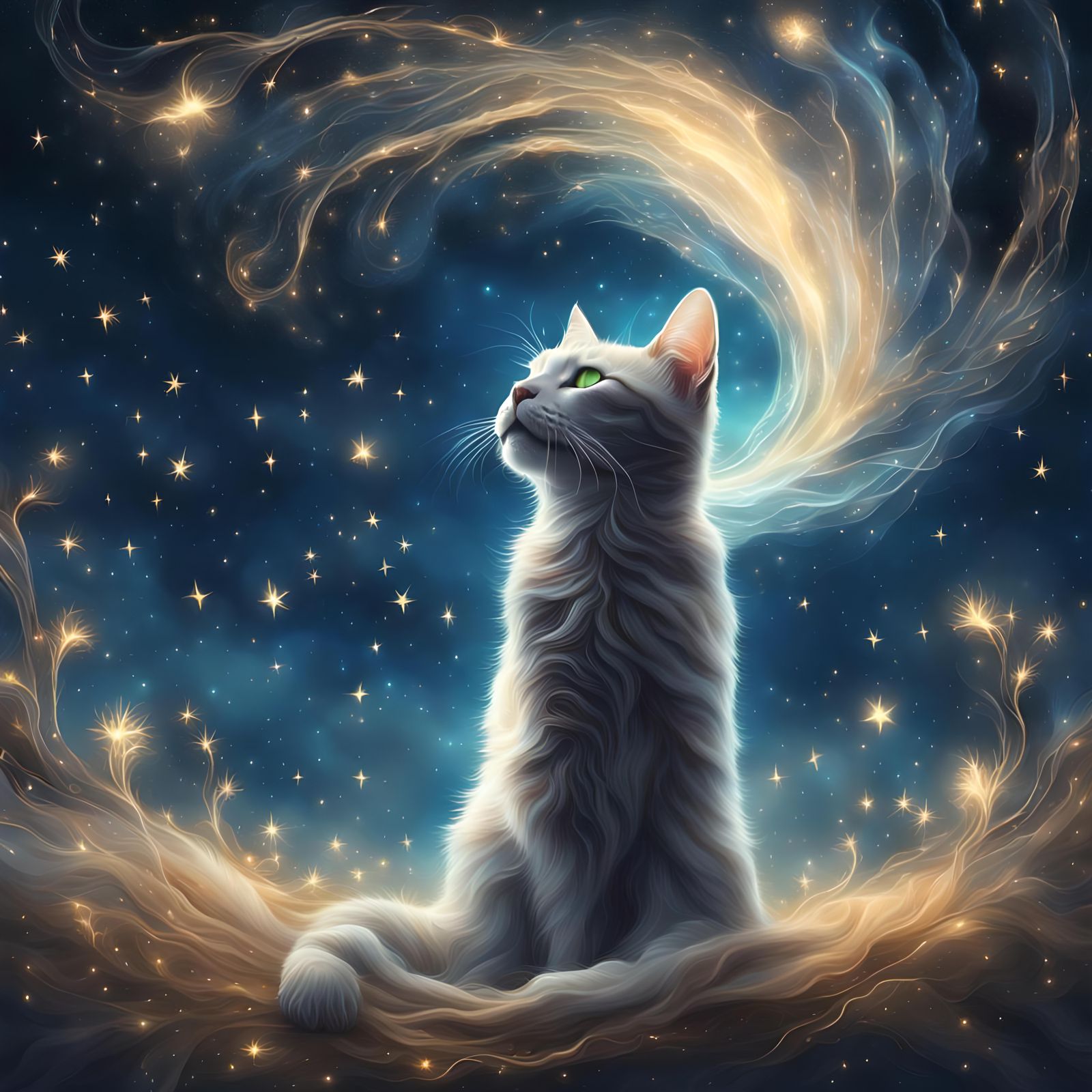 Cat's Spirit Ascending into Starry Night Sky