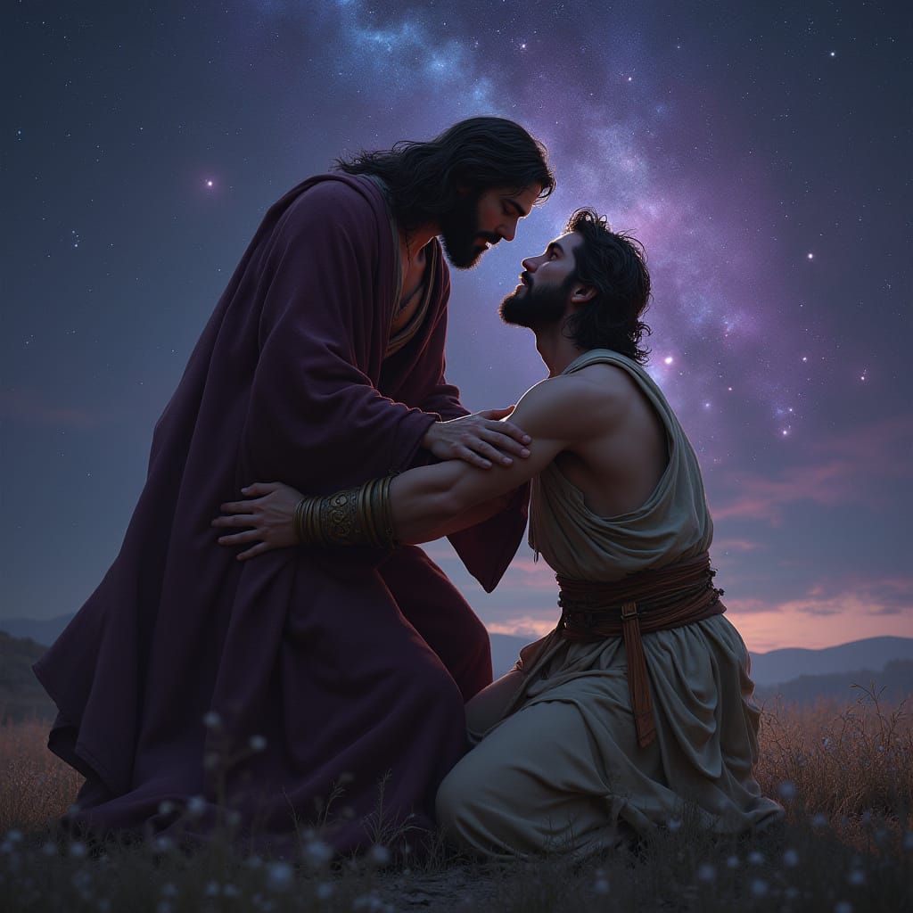 Dark Fantasy Jacob Wrestles Jesus in Starry Night