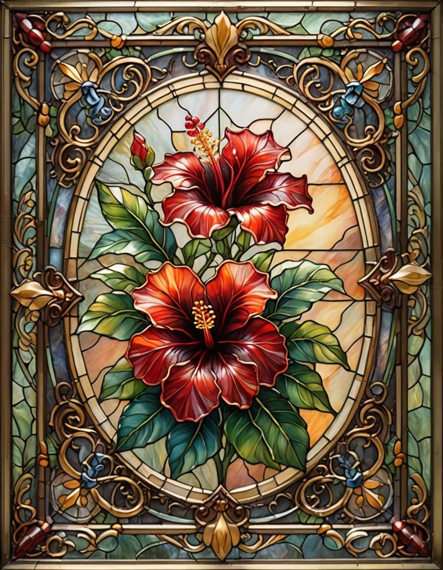 Red Hibiscus Stained Glass Art in Ethereal Light