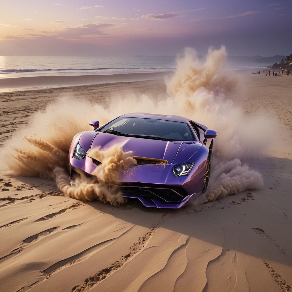 Purple Lamborghini Beach Stunt in Watercolor Style