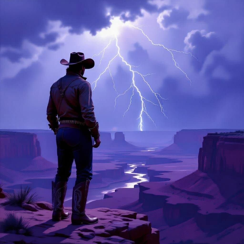 Lone Cowboy on Windswept Cliff Overlooking Desert Valley