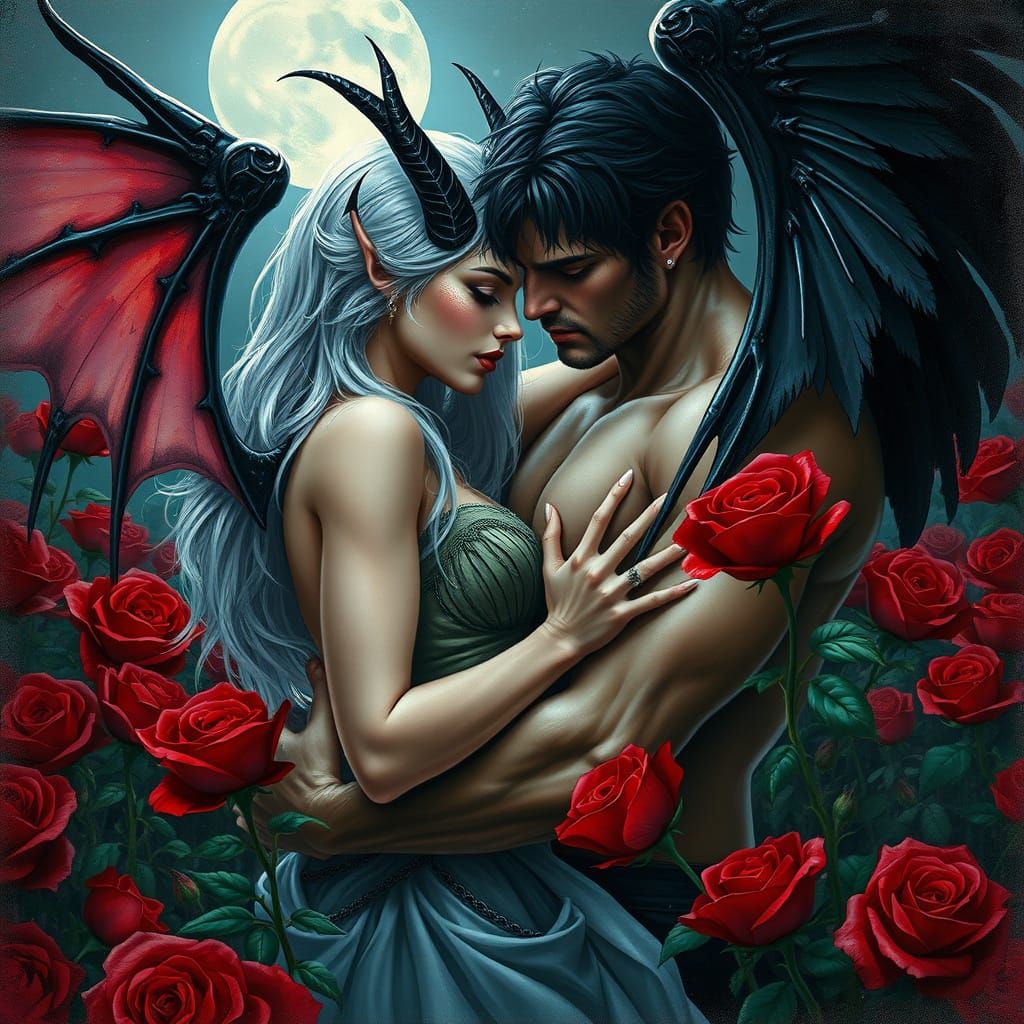 Ethereal Demon and Angel in Moonlit Rose Garden