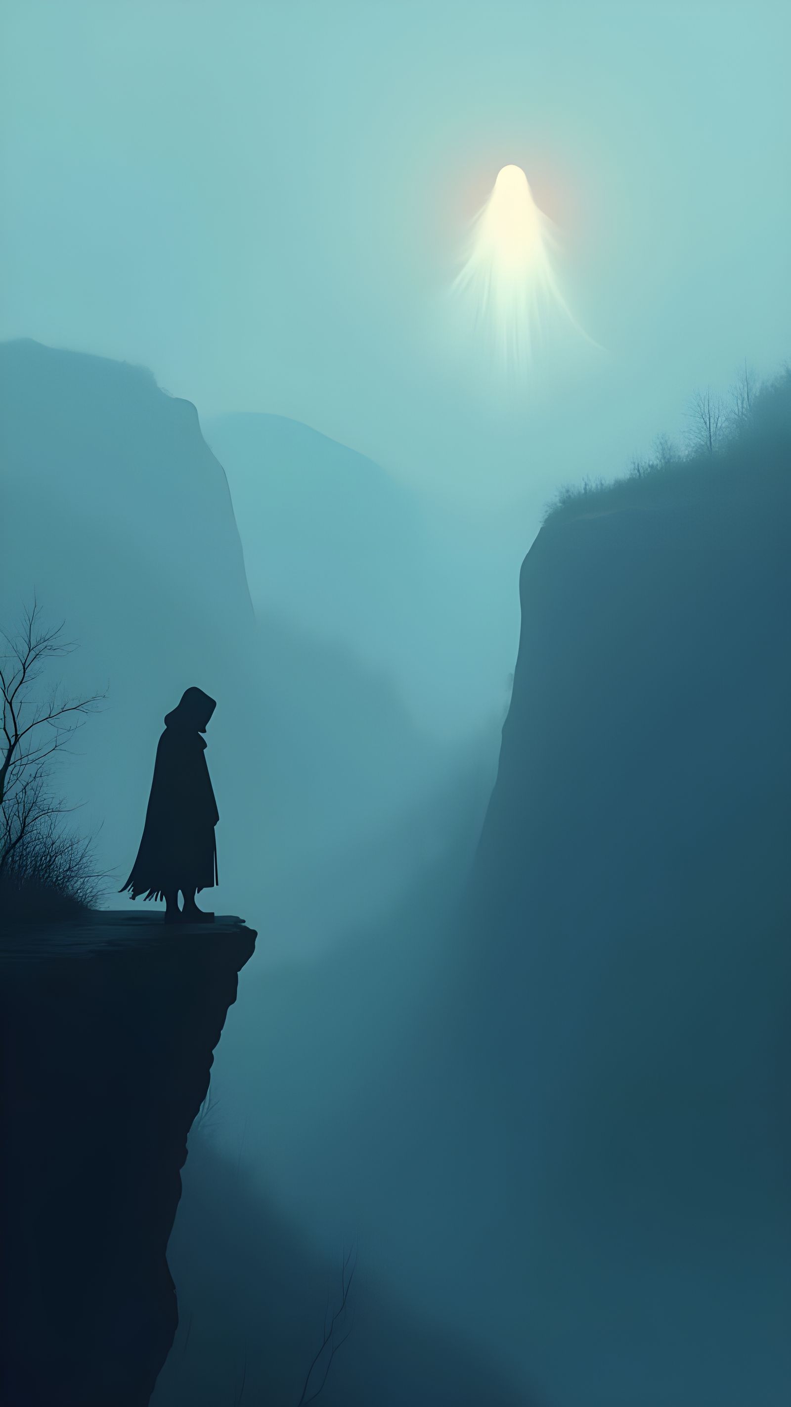 Melancholic Figure Overlooks Misty Valley at Dusk