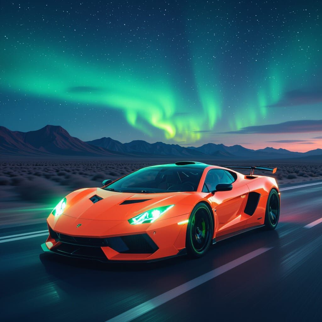Neon Supercar Speeds Through Desert Under Northern Lights