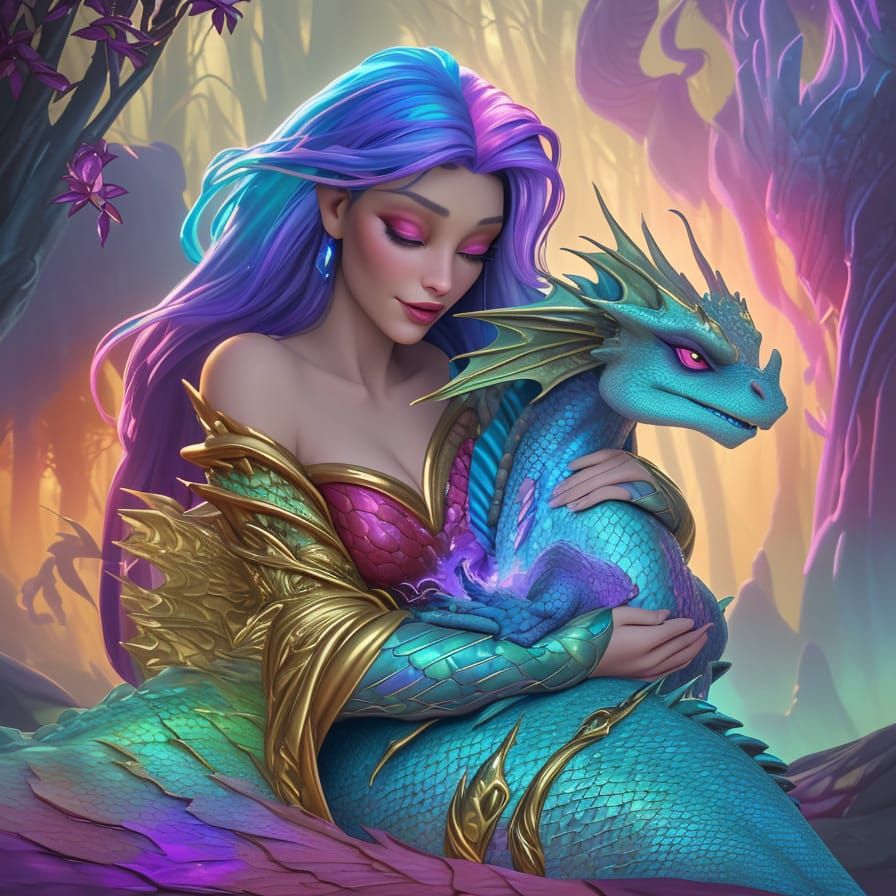 Mystical Lady Cuddles Dragon in Golden Light