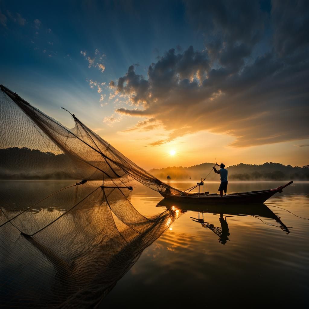 Thai Fisherman Casting Nets at Sunrise
