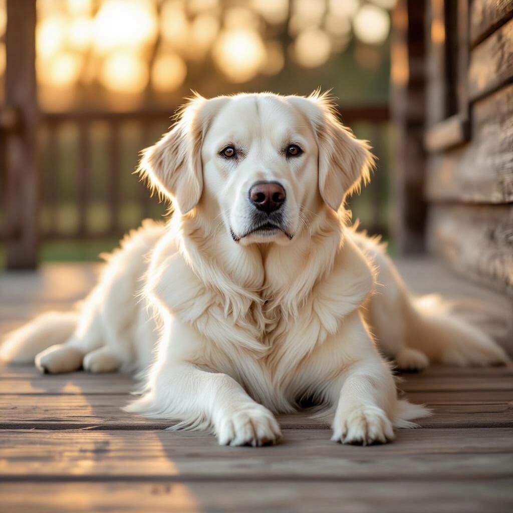 Photorealistic White Golden Retriever on Wooden Porch at Gol...