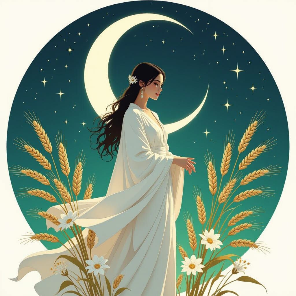 Ethereal Woman Under New Moon in Surreal Style