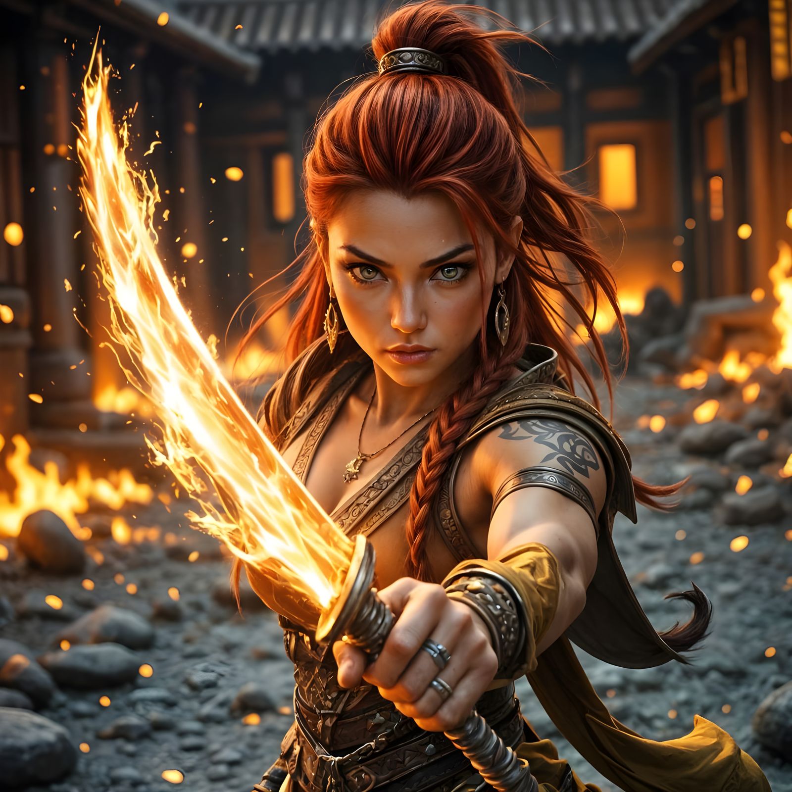 Fierce Warrior Princess Wielding Fiery Daggers