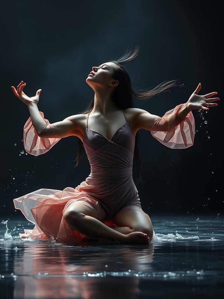 Dramatic Dancer on Wet Stage in Cinematic Style