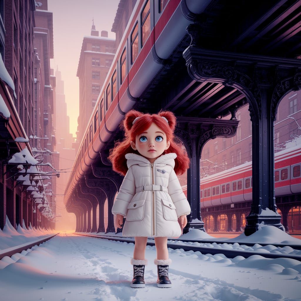 Girl in Snowy City, Detailed Matte Painting