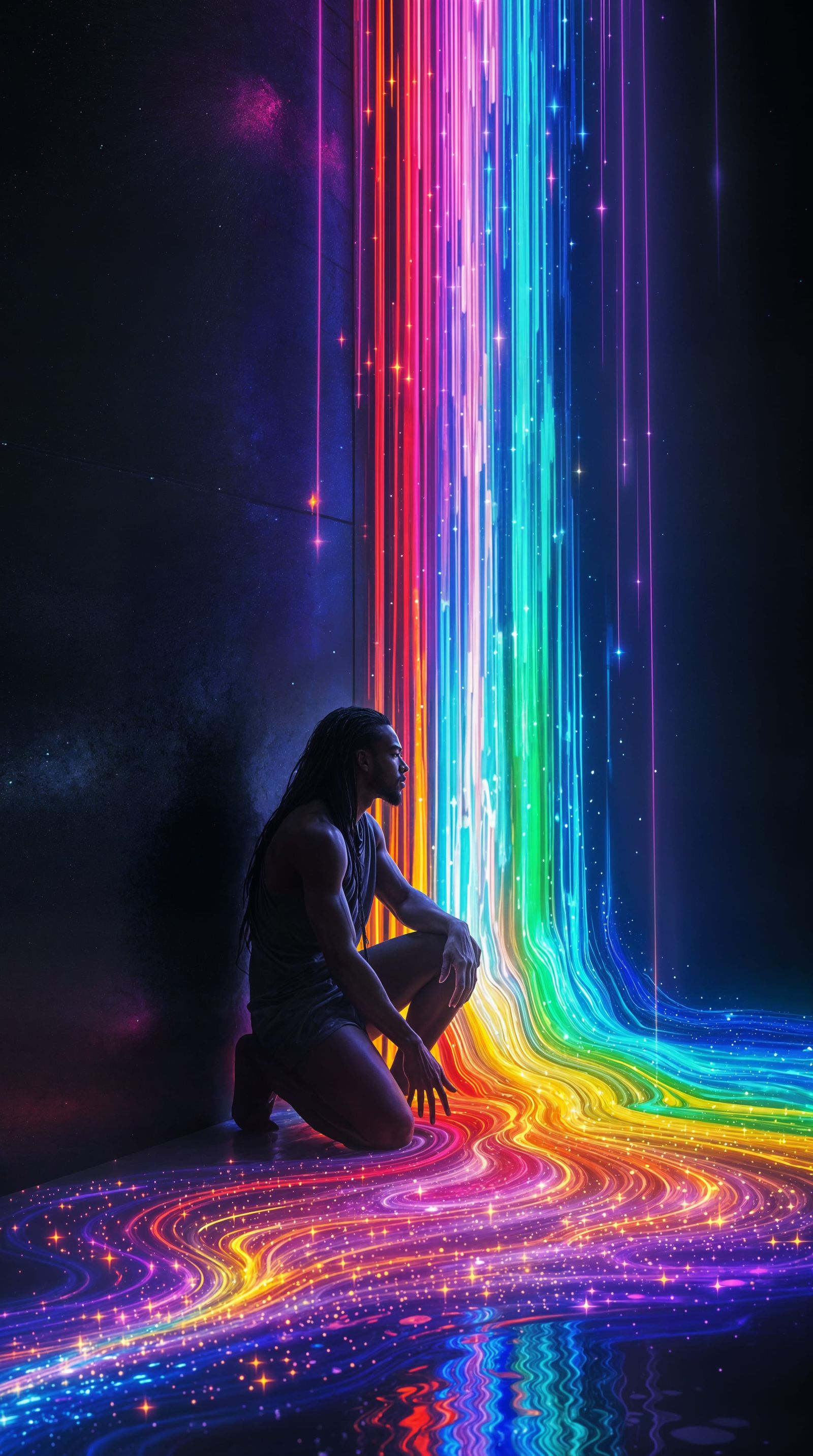 A Dreamlike Figure Amidst a Rainbow Cascade in a Darkened Re...