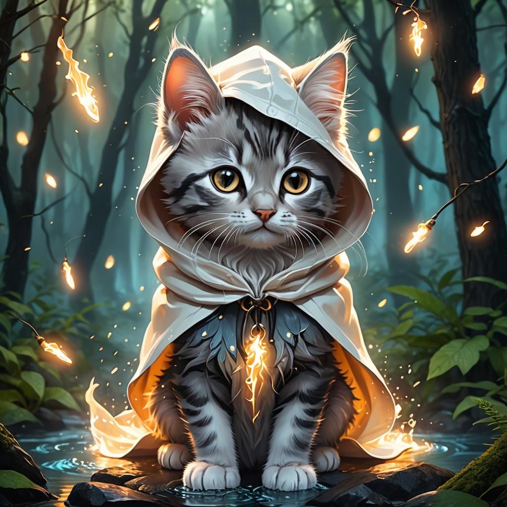 Magical Kitten Creates Fiery Silhouette in Enchanted Forest