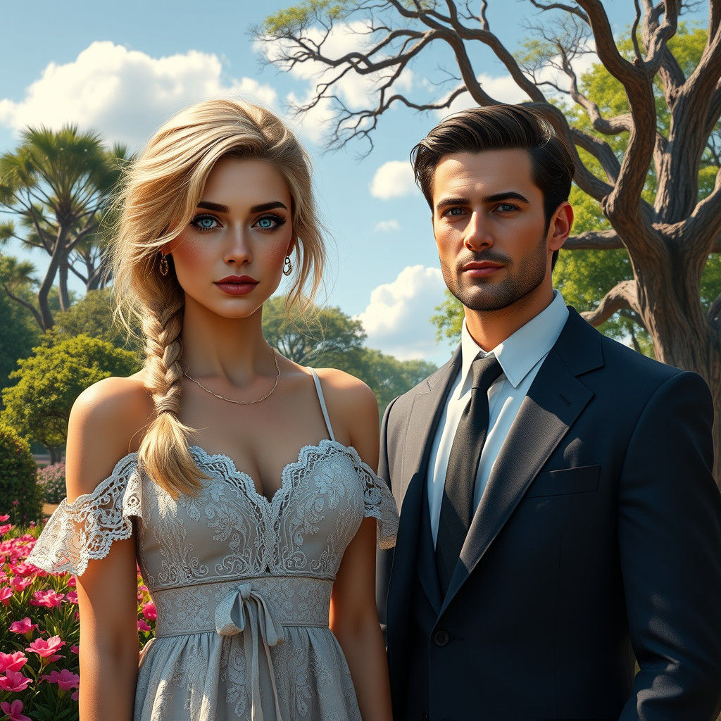 Blonde Woman and Italian Man in Park, Matte Painting