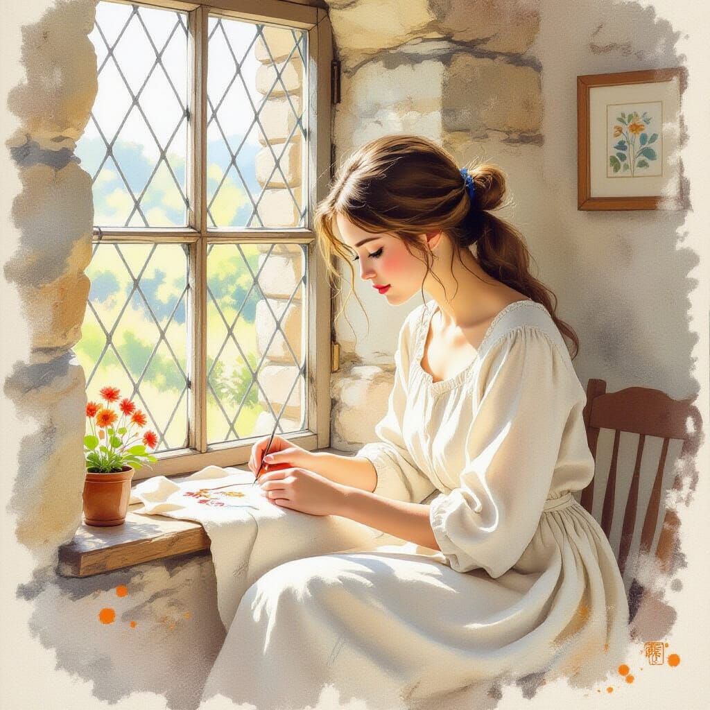 Woman Embroidering in Cottage: Monotype Style