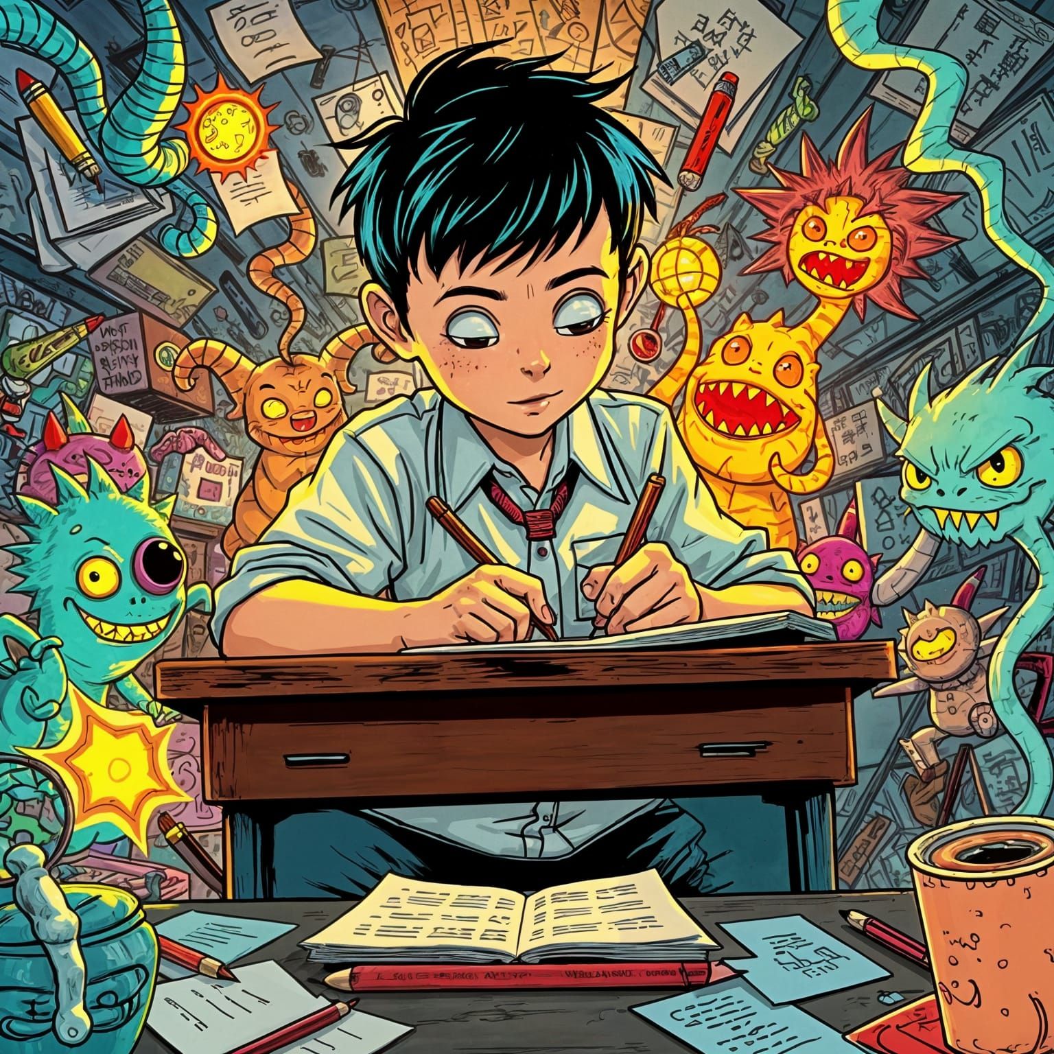 Teenager's Exam Nightmare: Whimsical Fantasy Art