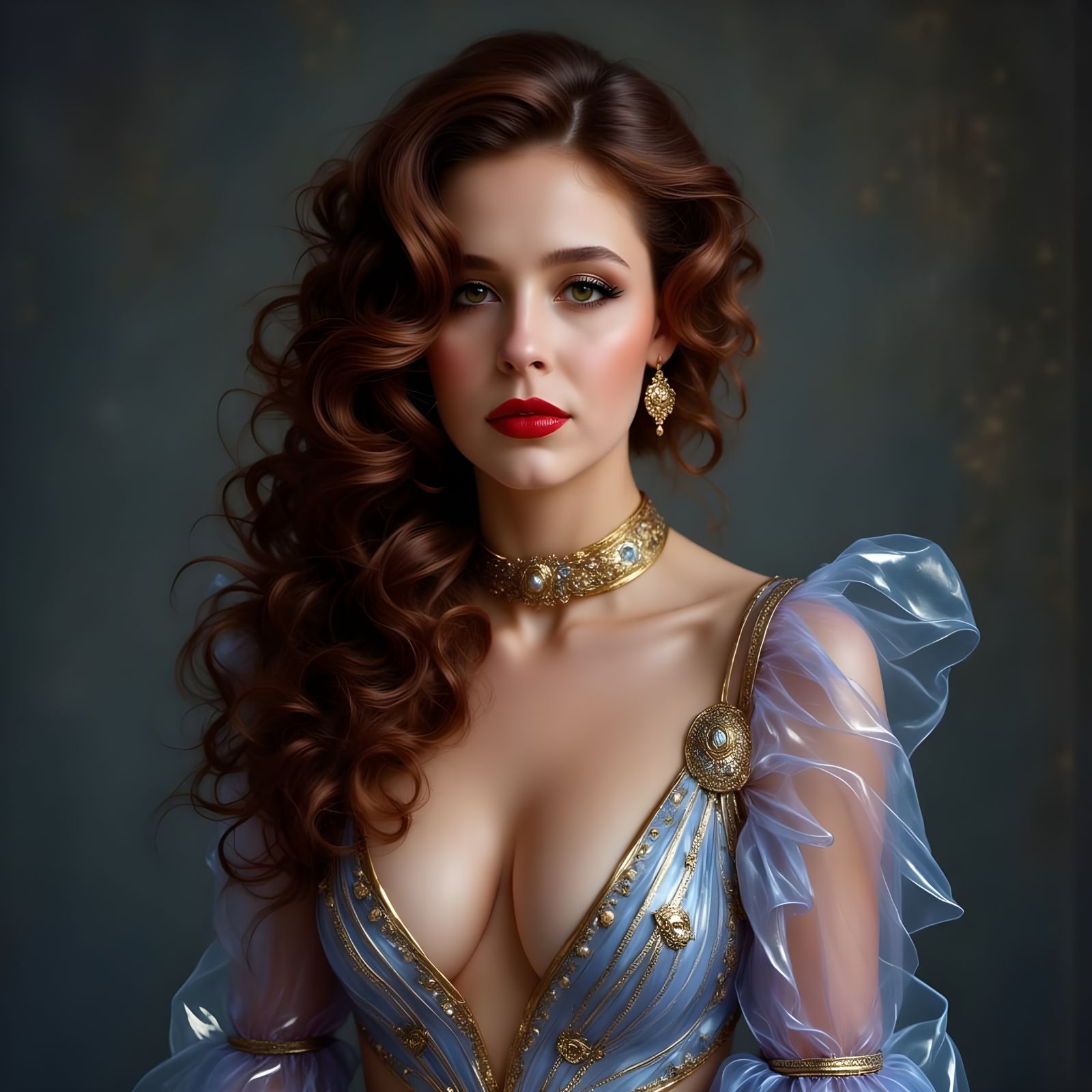 Ethereal Fashion Goddess in Gossamer Gown with Metallic Acce...