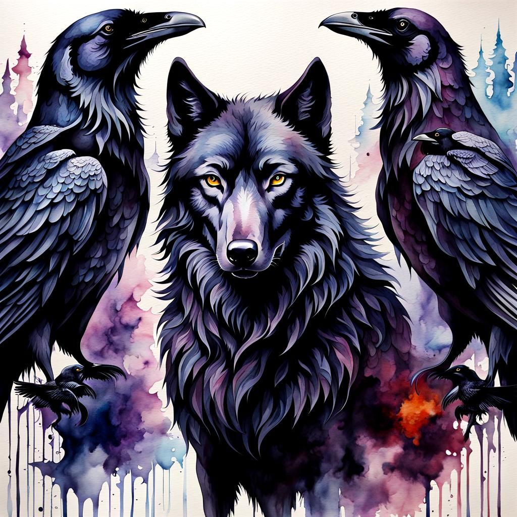 Gothic Wolf and Ravens Watercolor Painting