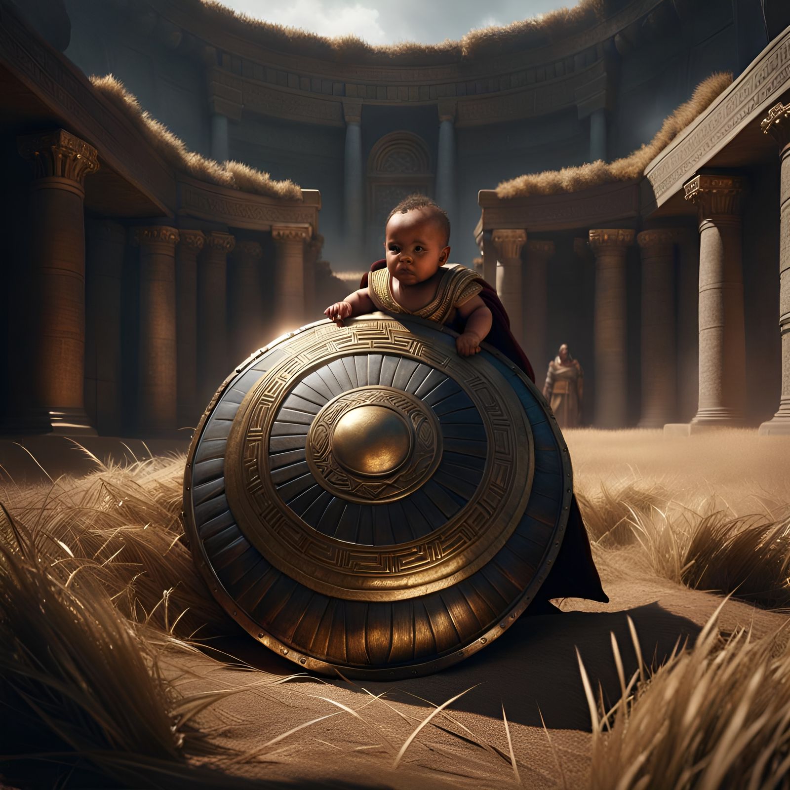 Baby Behind Shield in Dark Fantasy Style