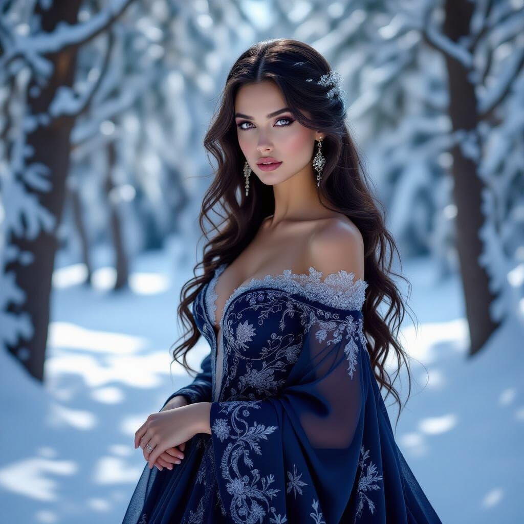 Ethereal Woman in Winter Forest, Art Nouveau Style