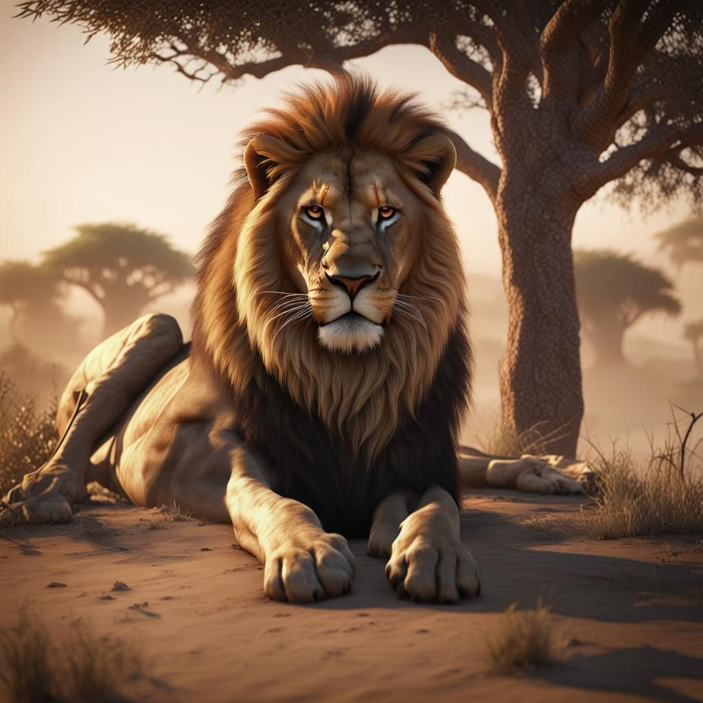 Lion in African Plains: 3D Cinematic Render