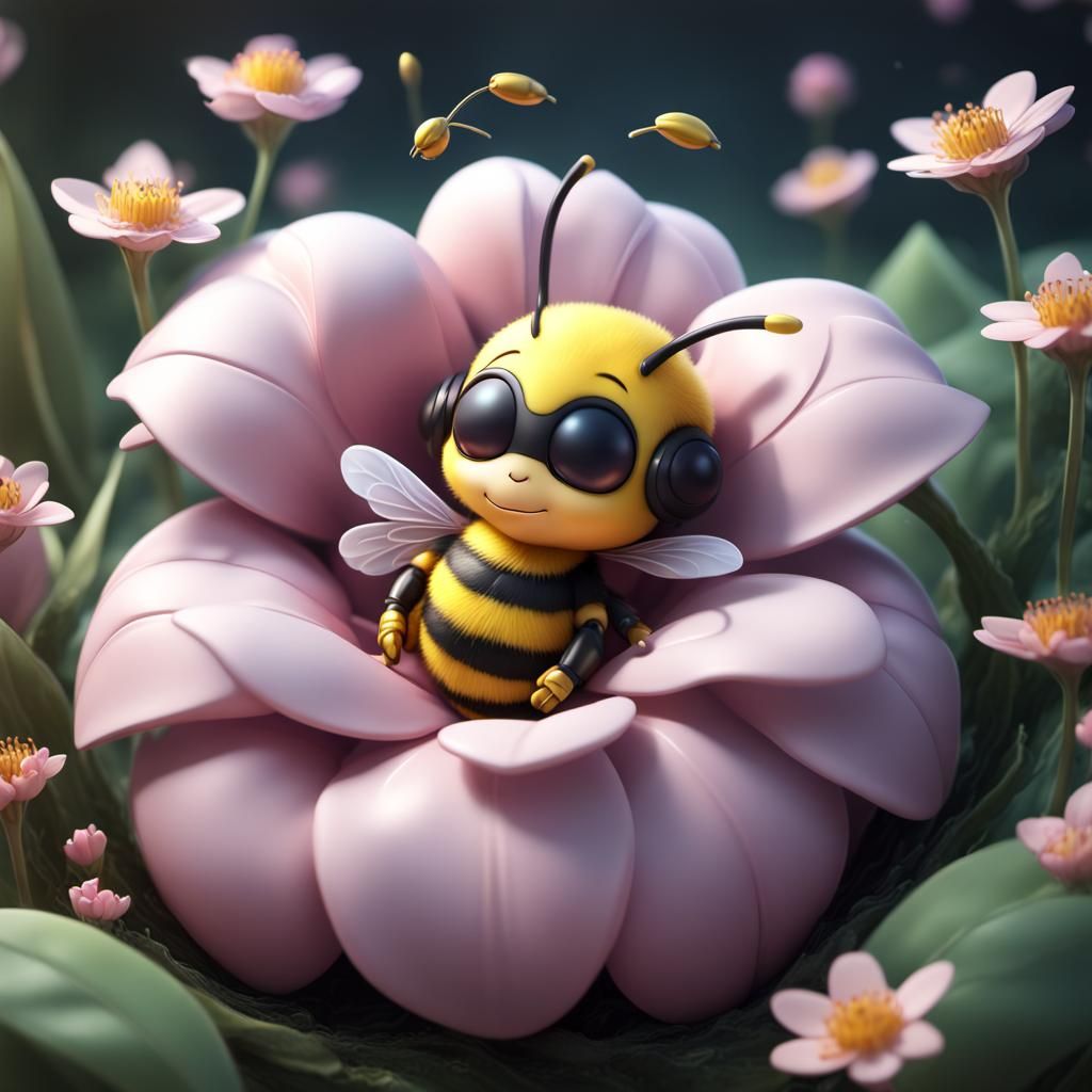 Cute Chibi Bee Sleeping in Flower Bud as 3D Render