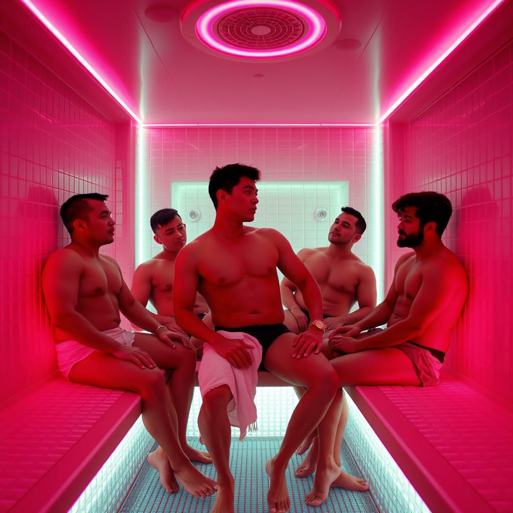 Futuristic Sauna Scene with Sculpted Men: Film Still