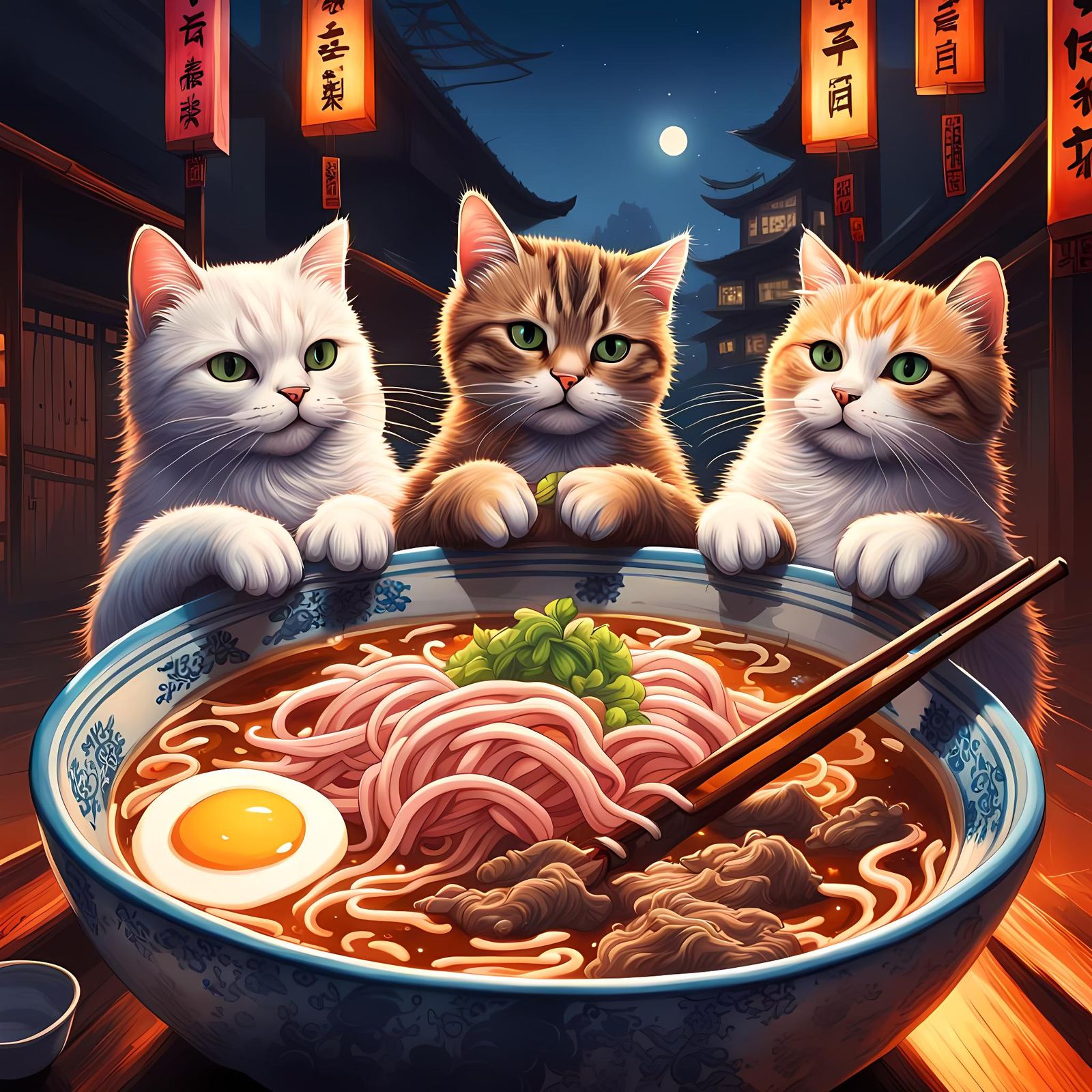 Fluffy Cats Enjoying Ramen: Hyperrealistic Splash Art