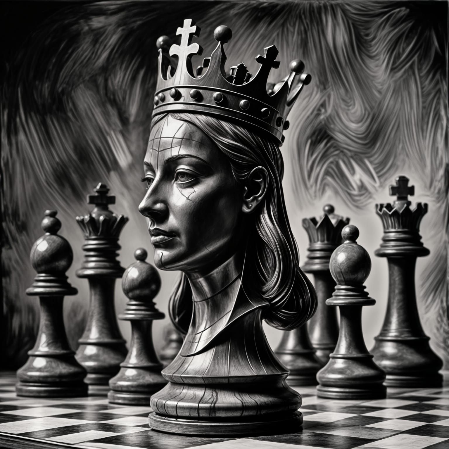 Hyperdetailed Charcoal Drawing of an Abstract Queen Chess Pi...