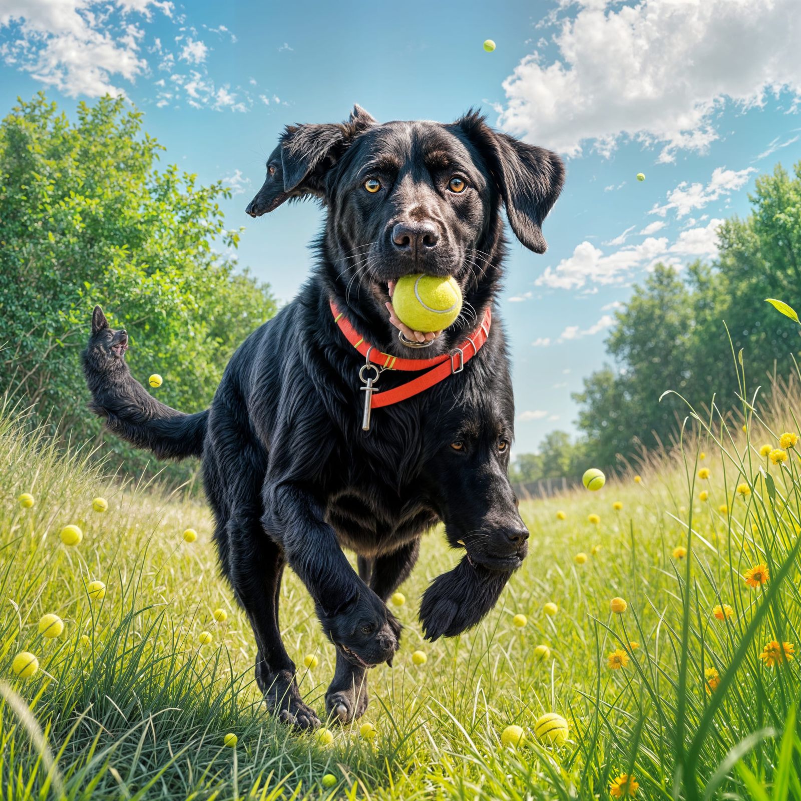 Black Lab Female in Joyful Tennis Ball Chase