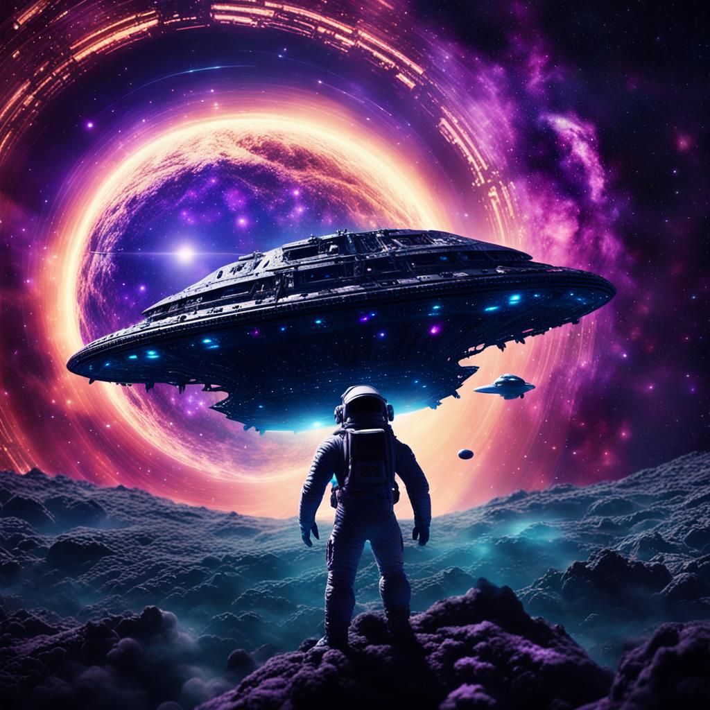 Astronaut Approaches Alien Spaceship in Nebula