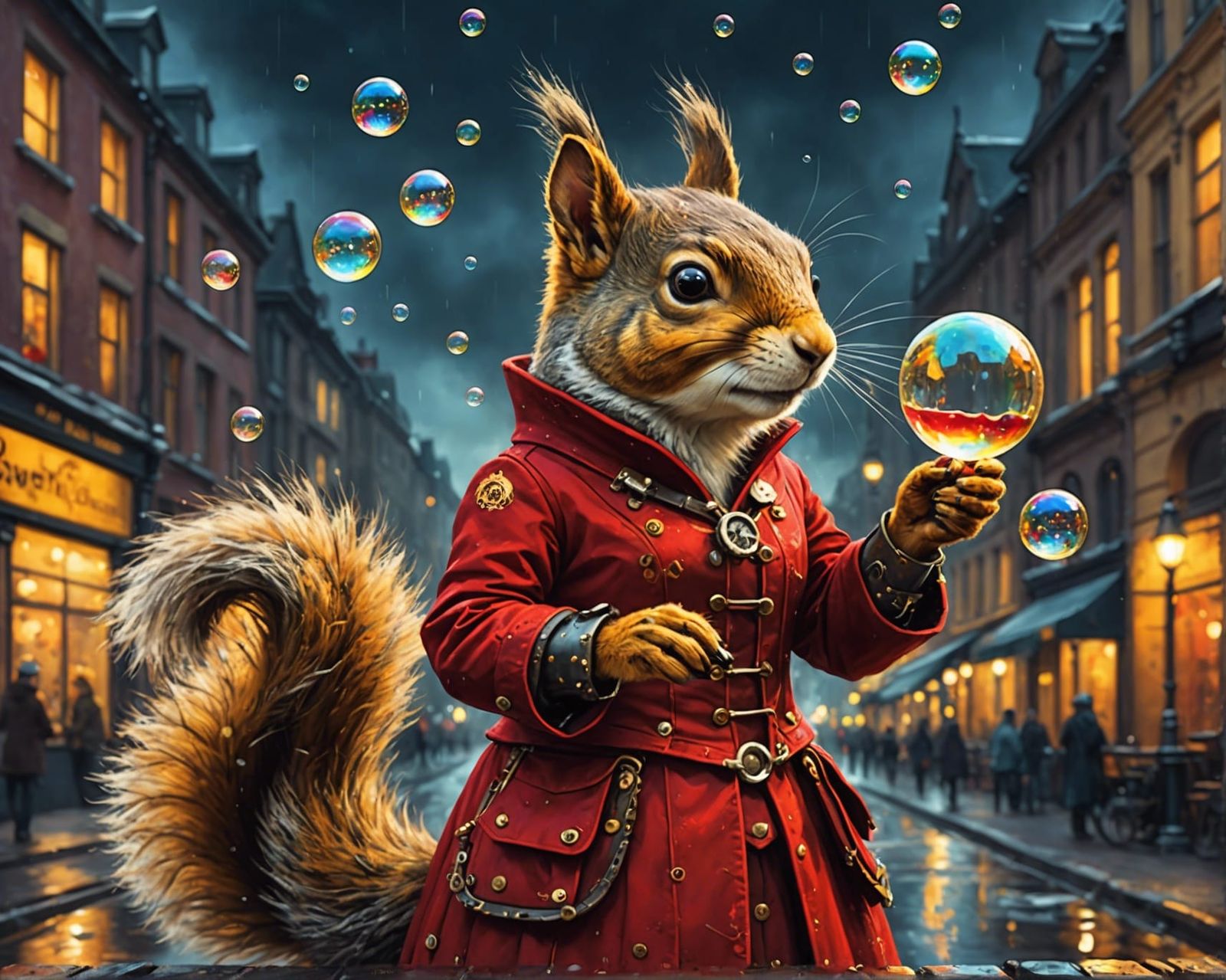 Steampunk Squirrel Blowing Bubbles, Oil Painting Style