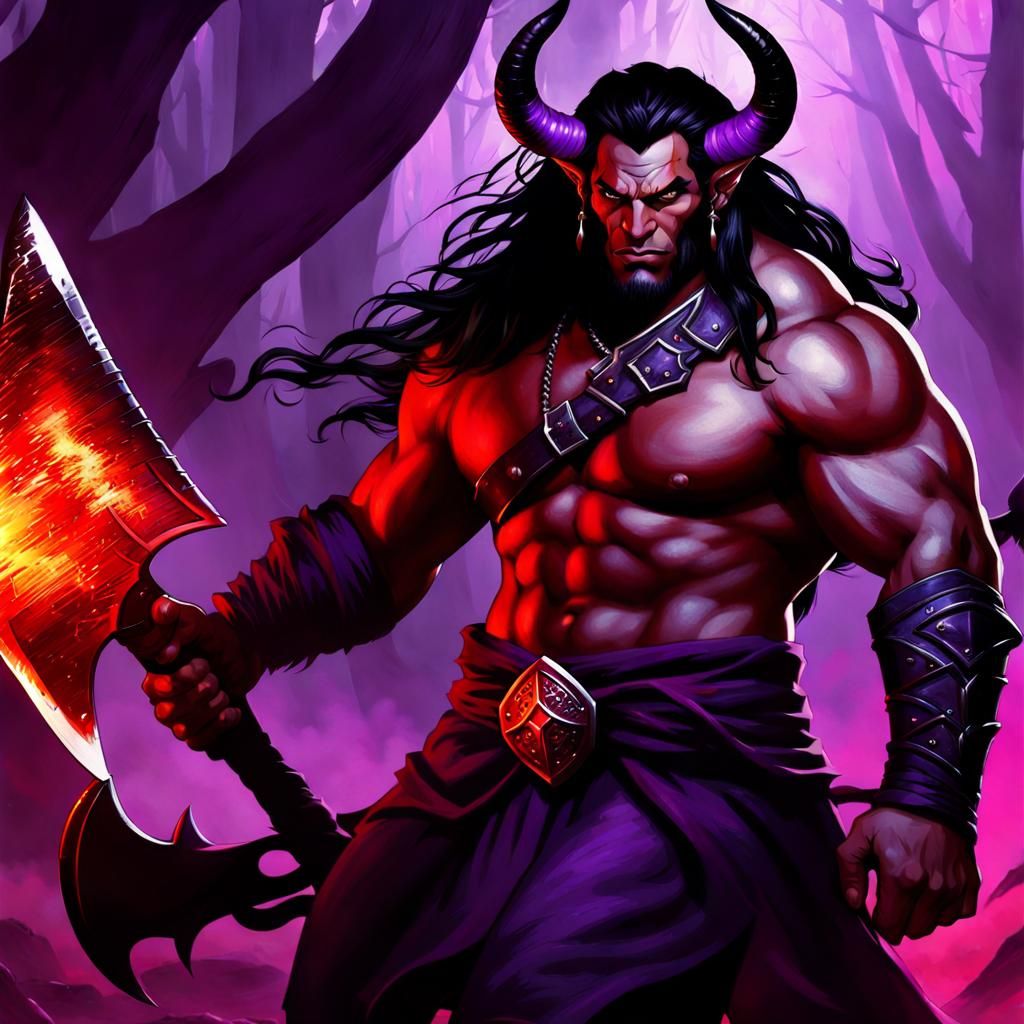 Tiefling Barbarian Swinging Axe in D&D Art