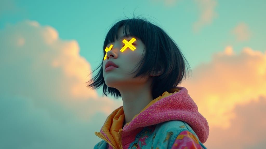 Contemplative Figure with Neon Eyes in Cosmic Landscape