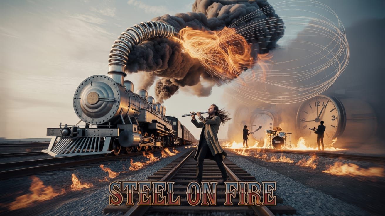 Surreal 1970s Rock Album Cover: Steam Train and Flute