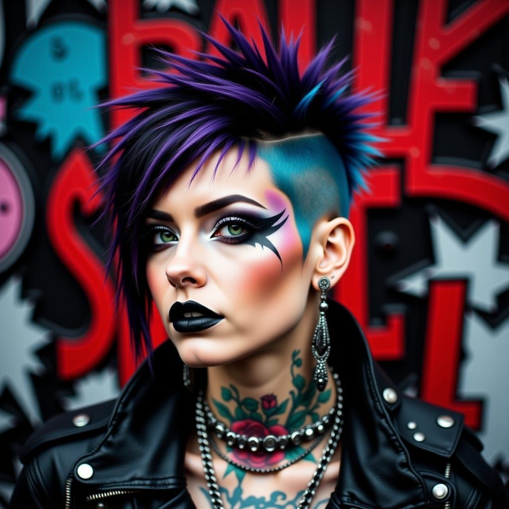 Punk Woman Portrait with Spiky Hair and Rose Tattoo