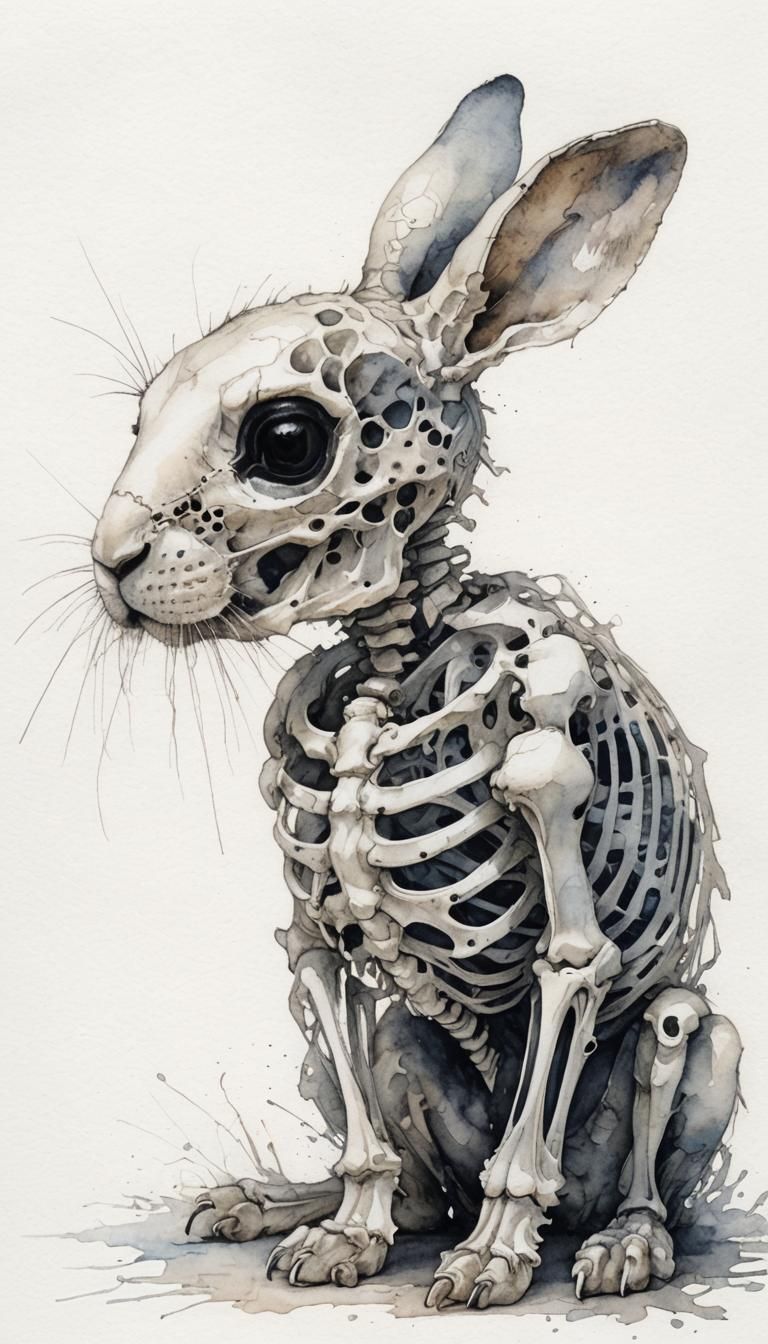 Ethereal Rabbit Skeleton Portrait in Watercolor