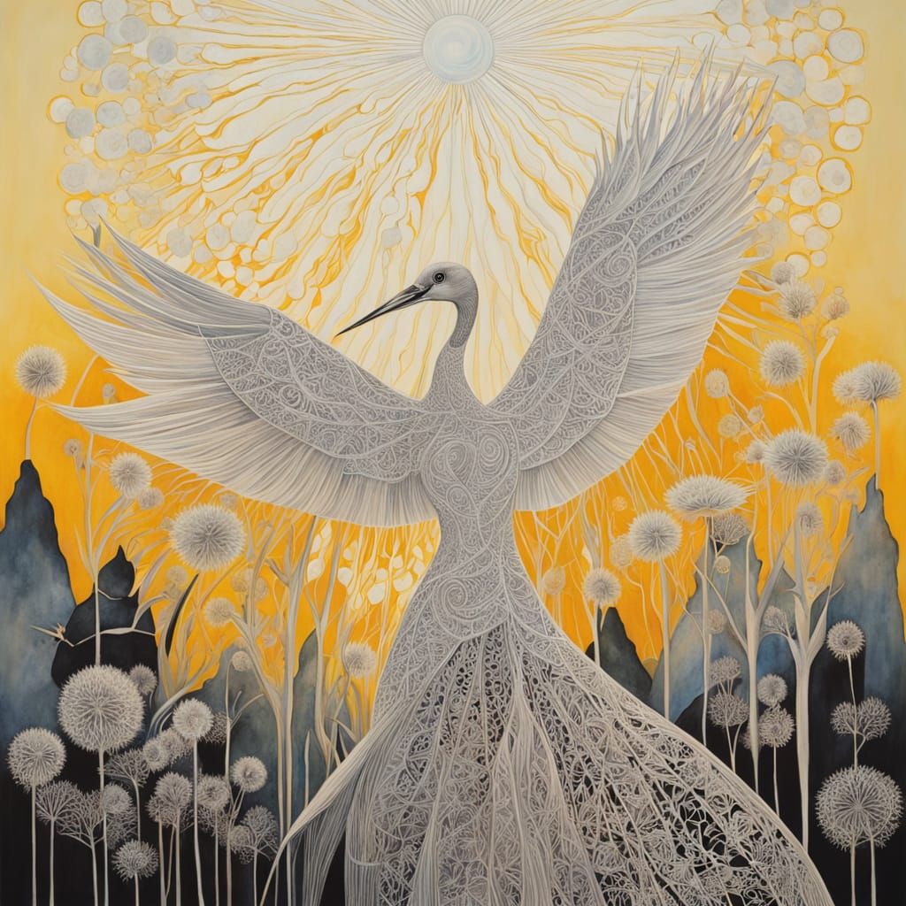 Ethereal Star Being Amidst Dandelions and Birds