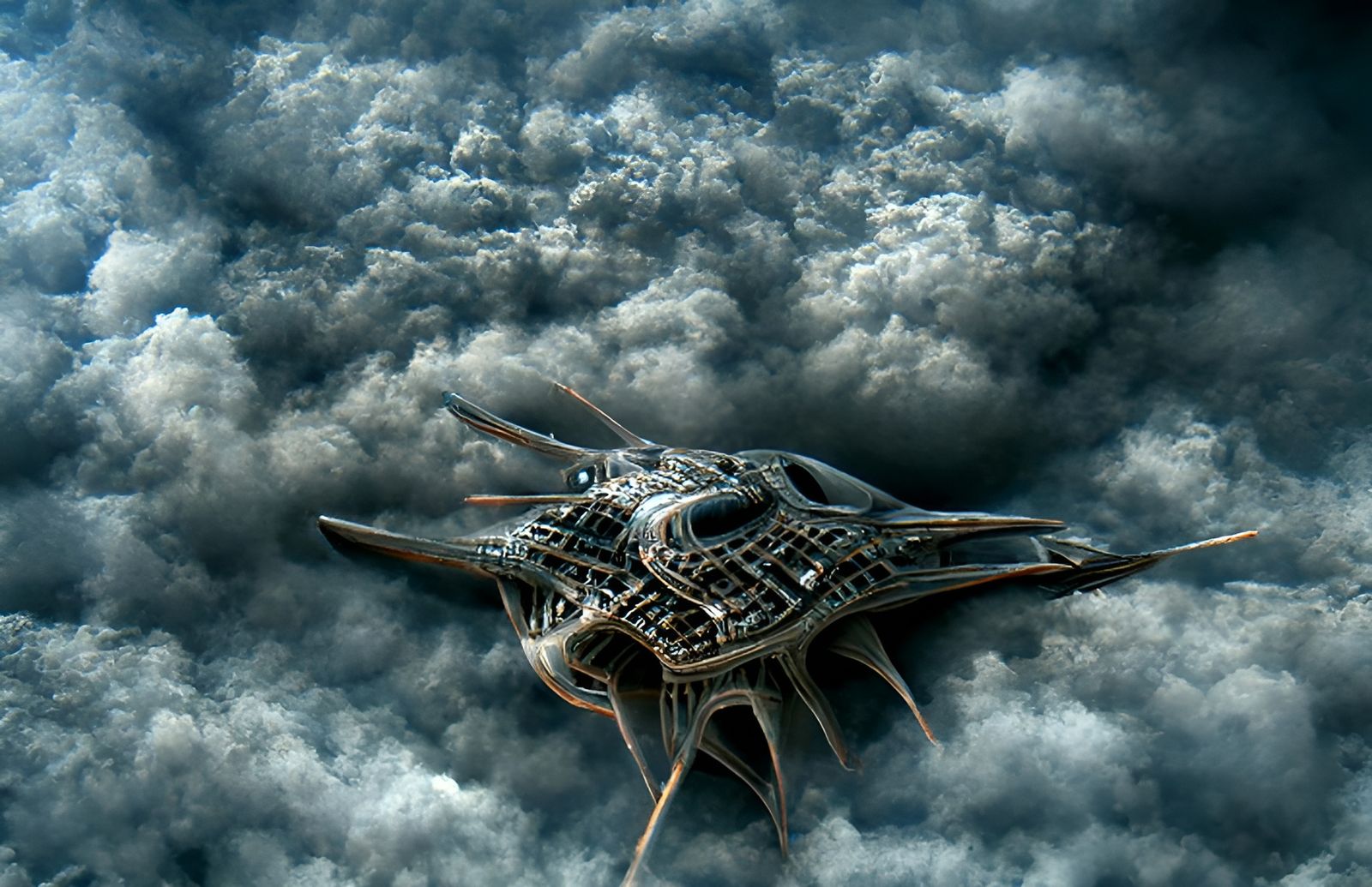 Cyberpunk Alien Spaceship Over City at Night