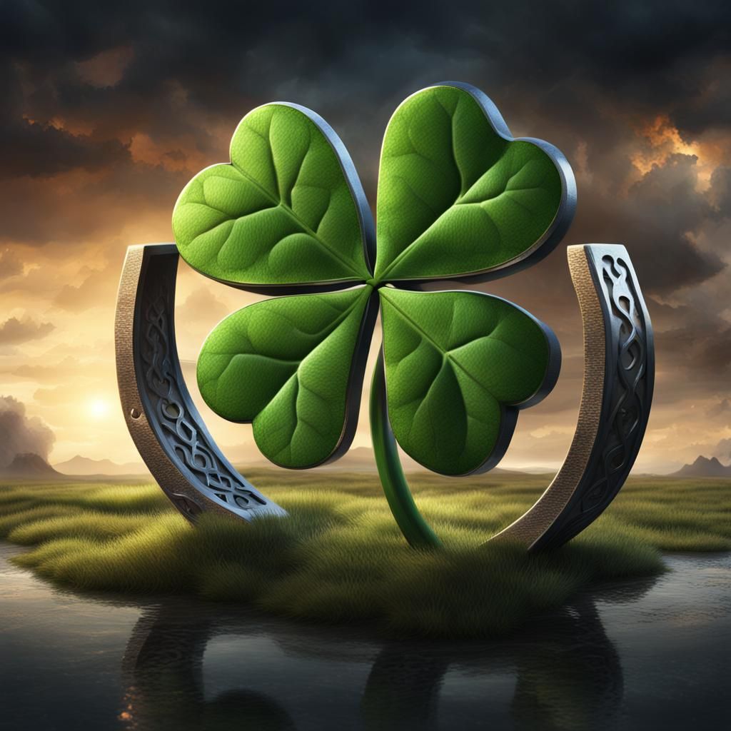 Lucky Four Leaf Clover and Horseshoe Digital Painting