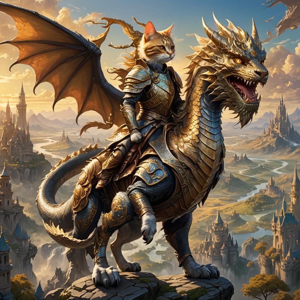 Armored Cat Riding Dragon in Fantasy Landscape