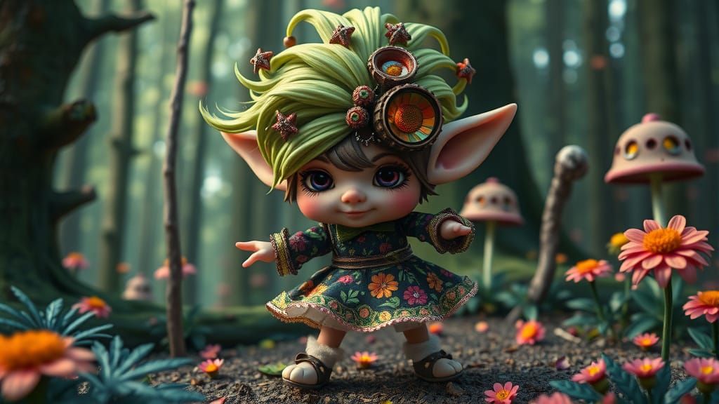 Chibi Gothic Pine Cone-Troll Dancing in Forest
