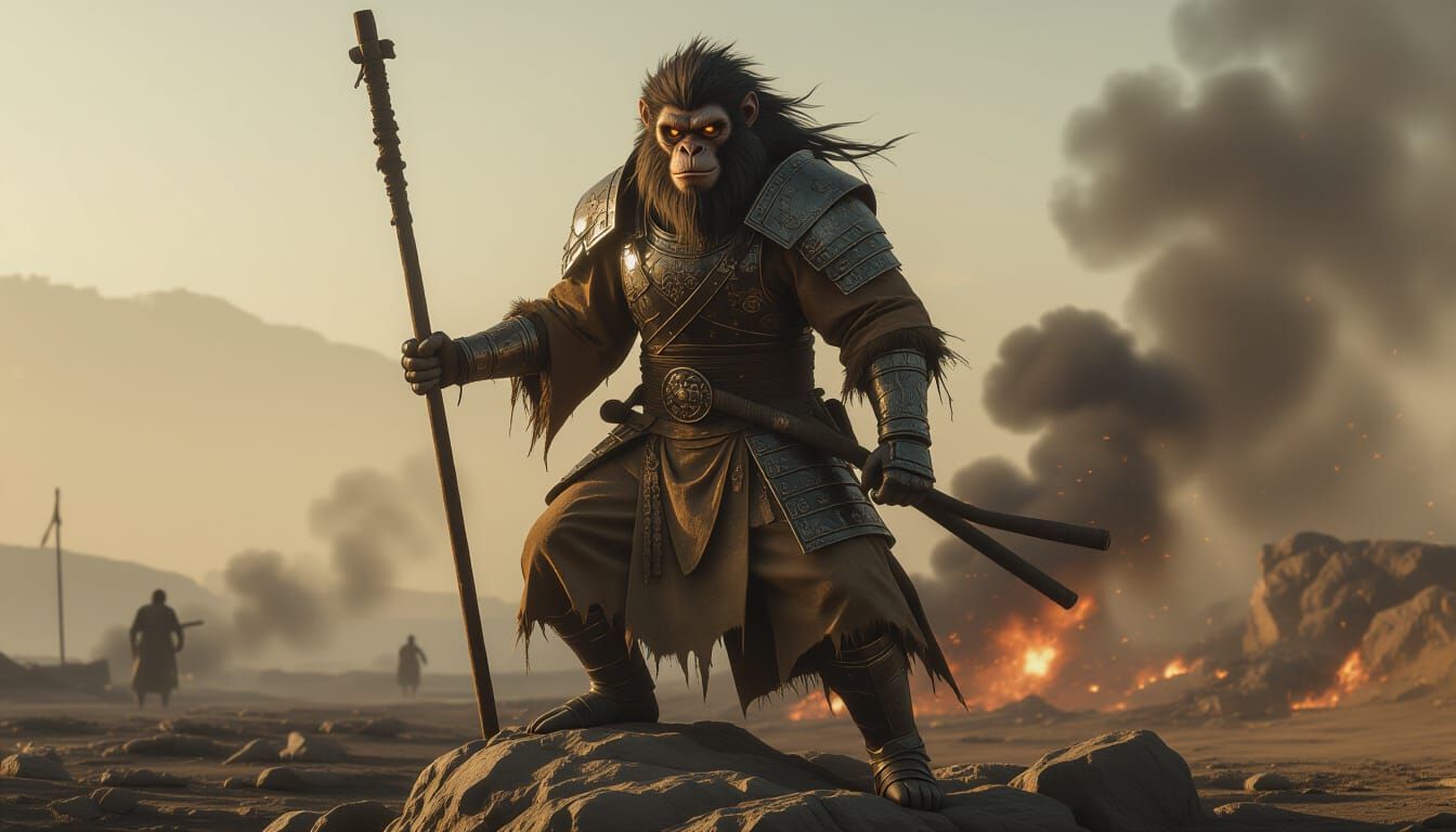 Ancient Chinese Monkey God in Shattered Armor, Hyperreal Sty...