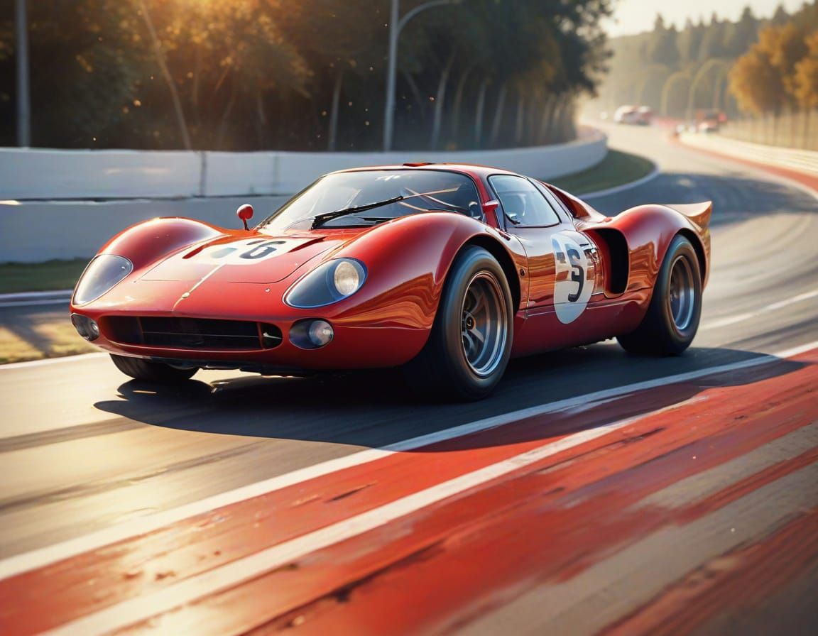 Red Italian Sports Car Races in Retro-Futuristic Style