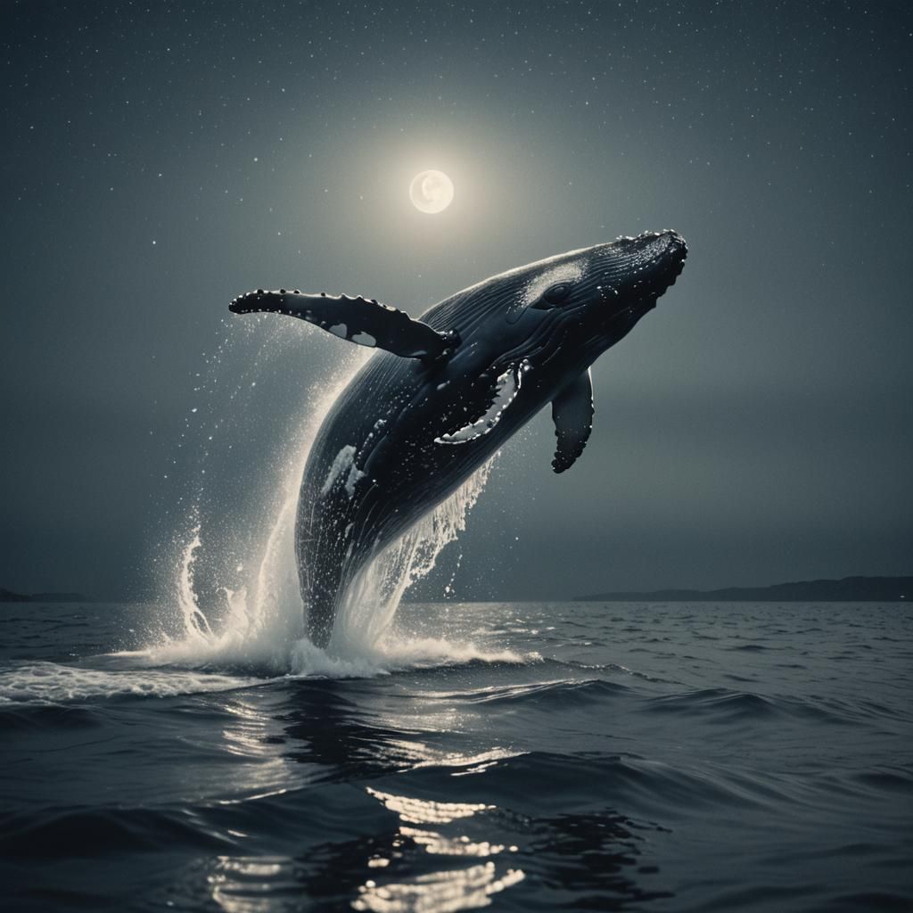 Whale Leaps from Moonlit Ocean: Hyper-Realistic Photo