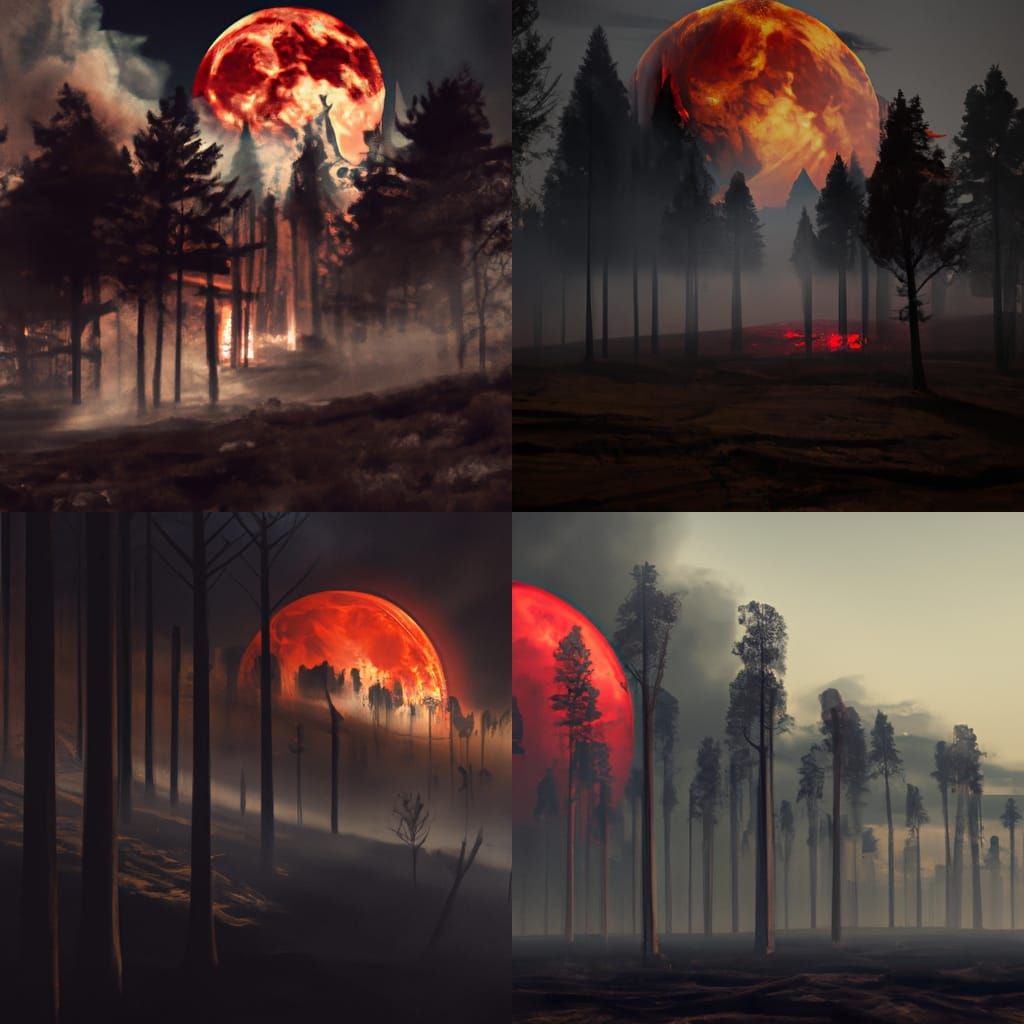 Ominous Blood Moon Over Barren Burned Forest